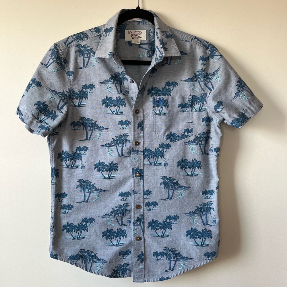 Original Penguin Men’s Medium Palm Tree Shirt Slim Fit Blue Button Down